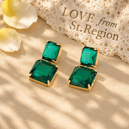 Green Crystal and 18K Gold-Plated Double Cube Drop Earrings, gold drop earrings for women, lifestyle look
