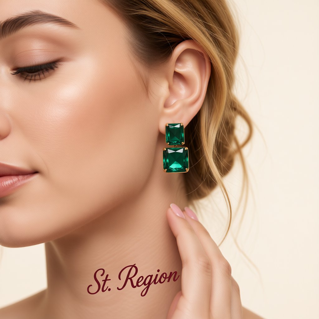 Green Crystal and 18K Gold-Plated Double Cube Drop Earrings, gold drop earrings for women, elegant gift for her, styled look