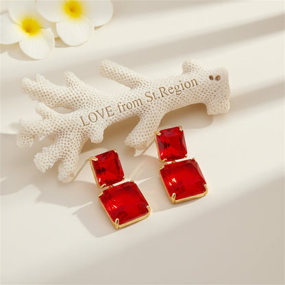 Red Crystal and 18K Gold-Plated Cushion-Cut Drop Earrings, gold drop earrings for women, lifestyle look