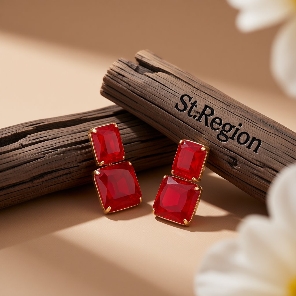 Red Crystal and 18K Gold-Plated Cushion-Cut Drop Earrings, gold drop earrings for women, vintage-inspired design, front view