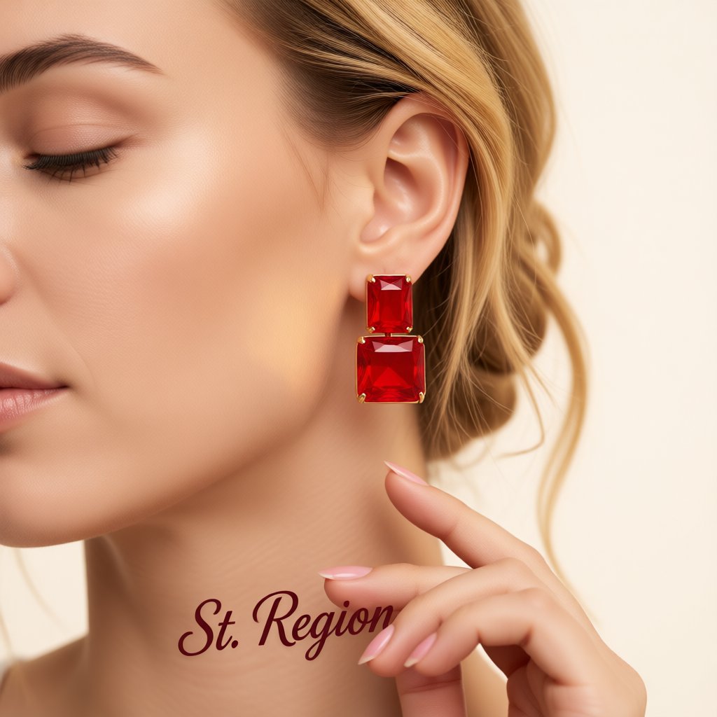 Red Crystal and 18K Gold-Plated Cushion-Cut Drop Earrings, gold drop earrings for women, vintage-inspired design, styled look