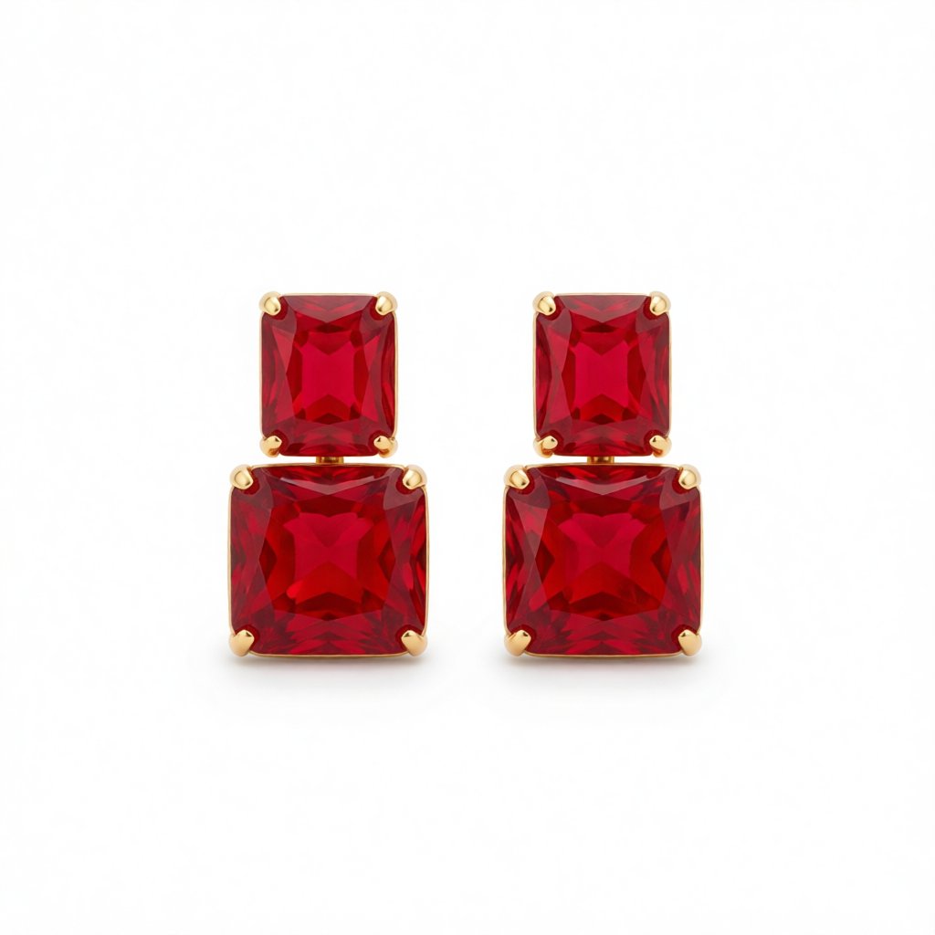 Red Crystal and 18K Gold-Plated Cushion-Cut Drop Earrings, gold drop earrings for women, vintage-inspired design, side view