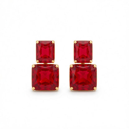 Red Crystal and 18K Gold-Plated Cushion-Cut Drop Earrings, gold drop earrings for women, vintage-inspired design, side view