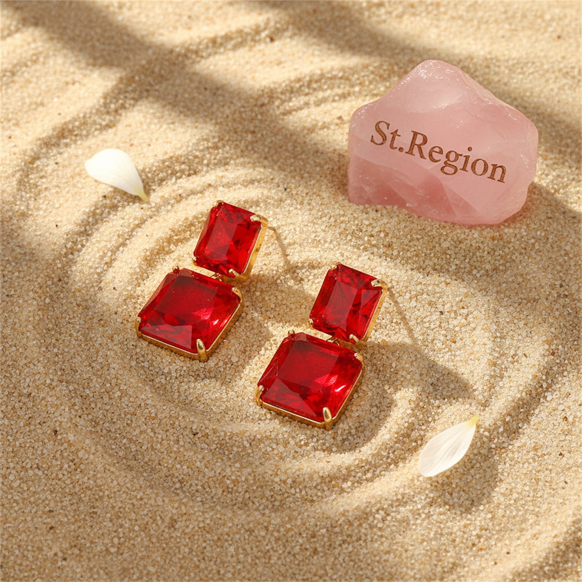 Red Crystal and 18K Gold-Plated Cushion-Cut Drop Earrings, gold drop earrings for women, detail close-up