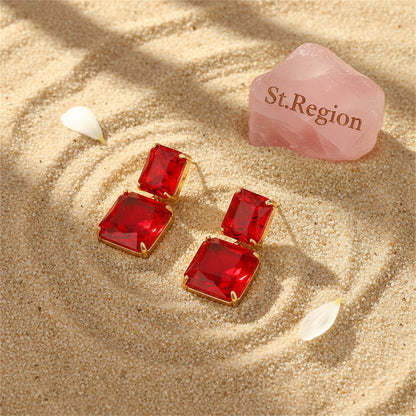 Red Crystal and 18K Gold-Plated Cushion-Cut Drop Earrings, gold drop earrings for women, detail close-up