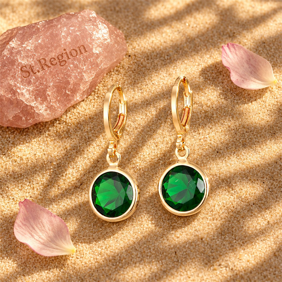Green Crystal and 18K Gold-Plated Round Drop Earrings, gold huggie earrings, botanical inspired, detail close-up