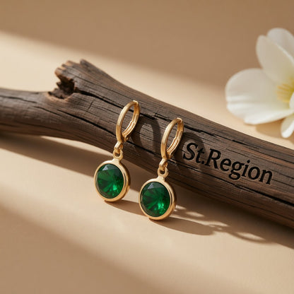 Green Crystal and 18K Gold-Plated Round Drop Earrings, gold huggie earrings, botanical inspired, front view