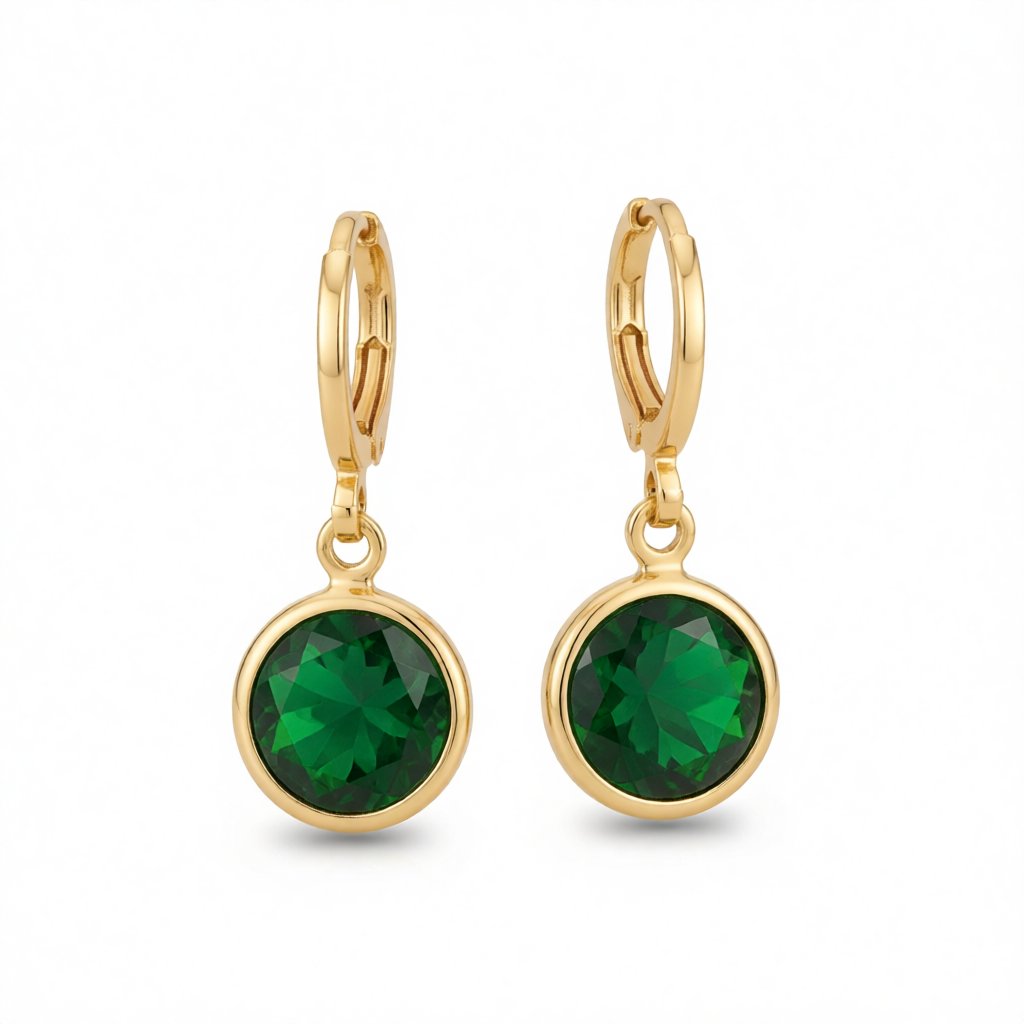 Green Crystal and 18K Gold-Plated Round Drop Earrings, gold huggie earrings, botanical inspired, side view
