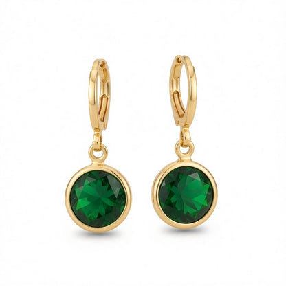 Green Crystal and 18K Gold-Plated Round Drop Earrings, gold huggie earrings, botanical inspired, side view
