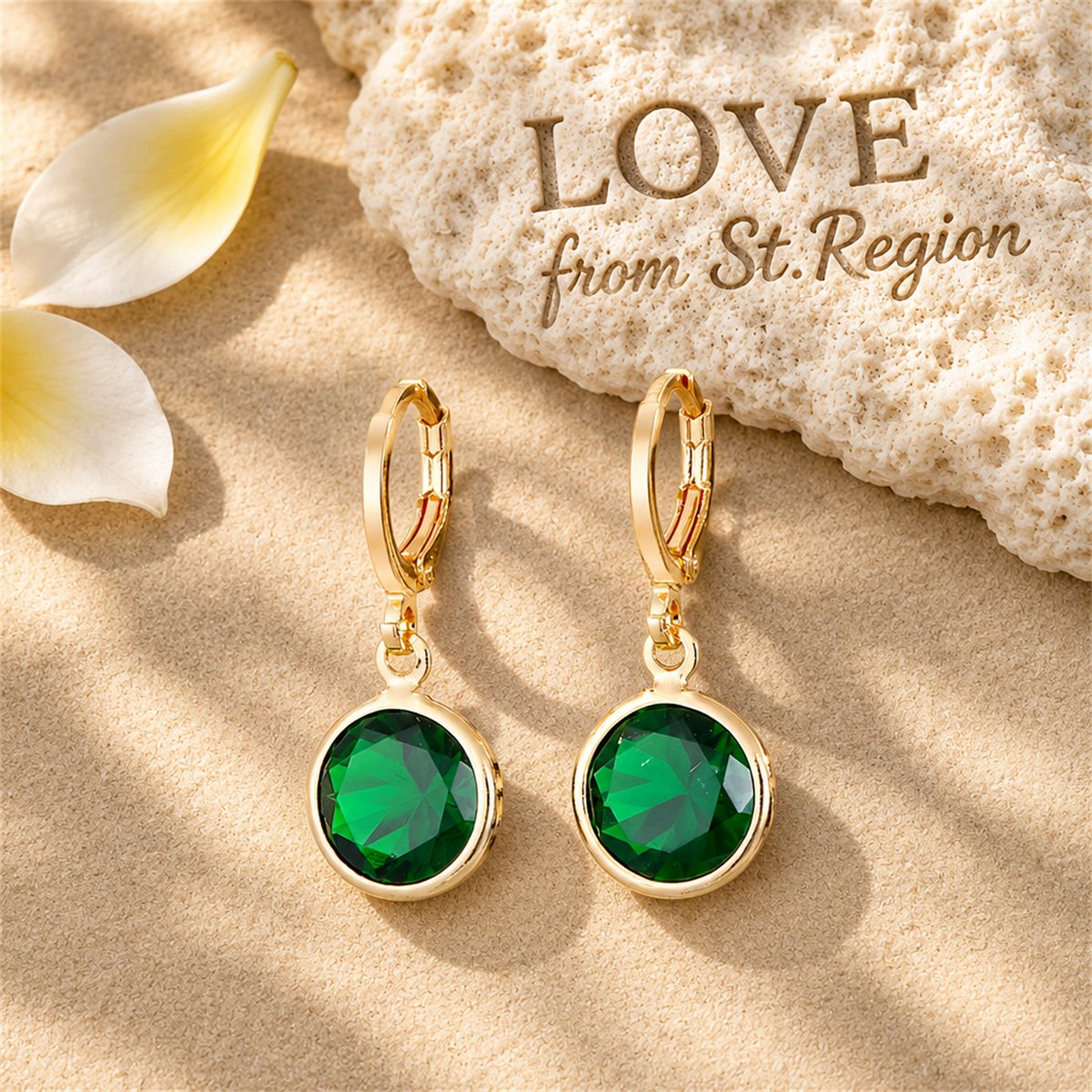 Green Crystal and 18K Gold-Plated Round Drop Earrings, gold huggie earrings, botanical inspired, lifestyle look