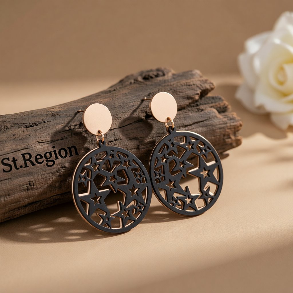 Black and 18K Rose Gold-Plated Star Circle Drop Earring, rose gold drop earrings for women, front view