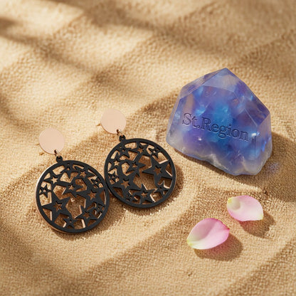 Black and 18K Rose Gold-Plated Star Circle Drop Earring, rose gold drop earrings for women, detail close-up