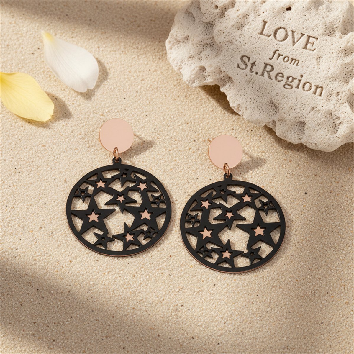 Black and 18K Rose Gold-Plated Star Circle Drop Earring, rose gold drop earrings for women, lifestyle look