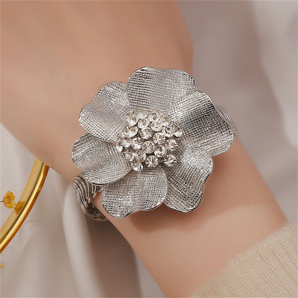 Cubic Zirconia & Silvertone Flower Adjustable Bangle