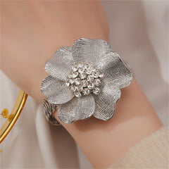 Cubic Zirconia & Silver-Plated Flower Adjustable Bangle