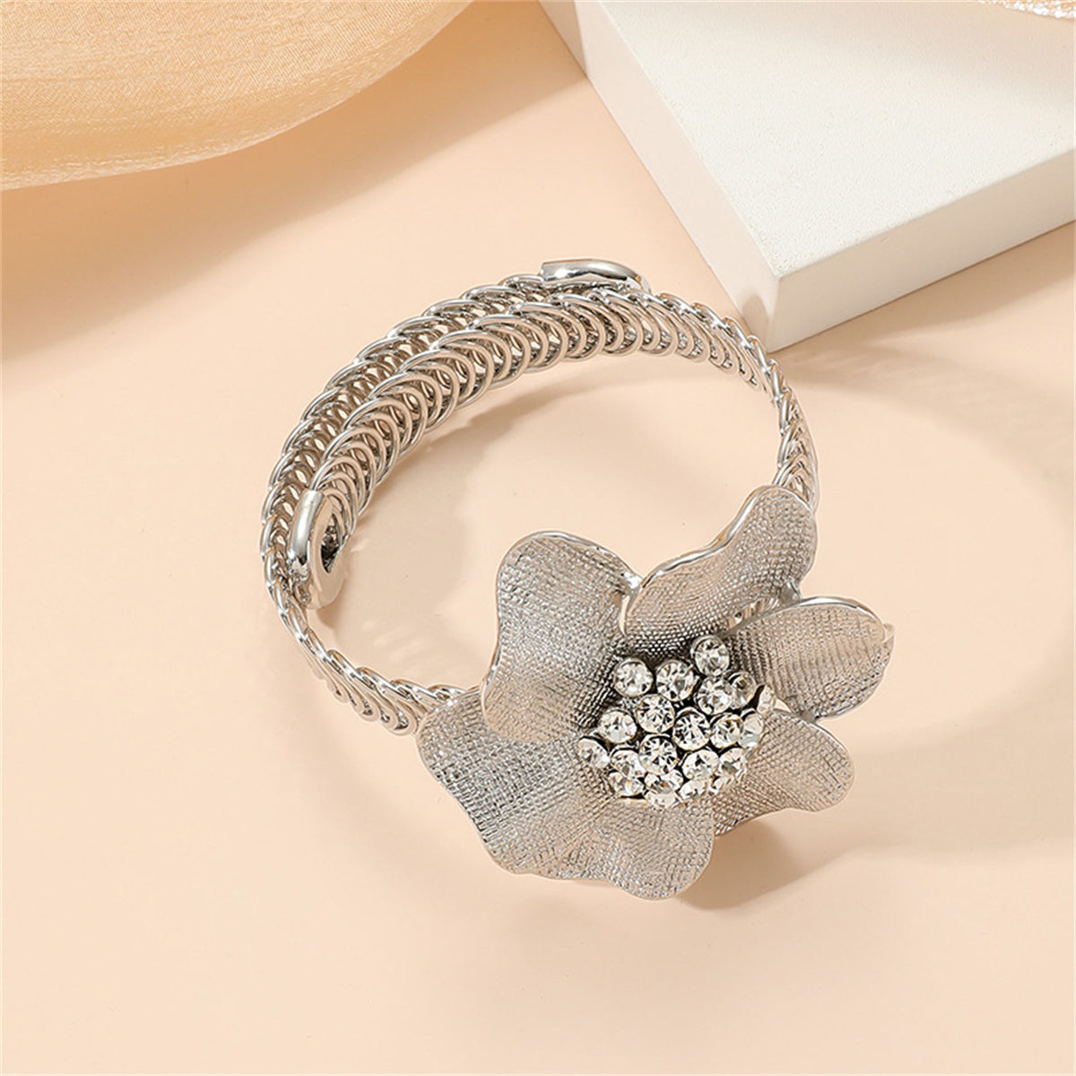 Cubic Zirconia & Silver-Plated Flower Adjustable Bangle