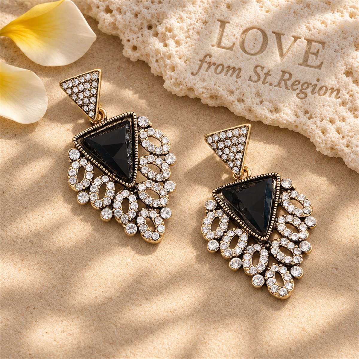 Black Crystal and Cubic Zirconia Triangle Drop Earrings, drop earrings for women, botanical inspired, lifestyle look