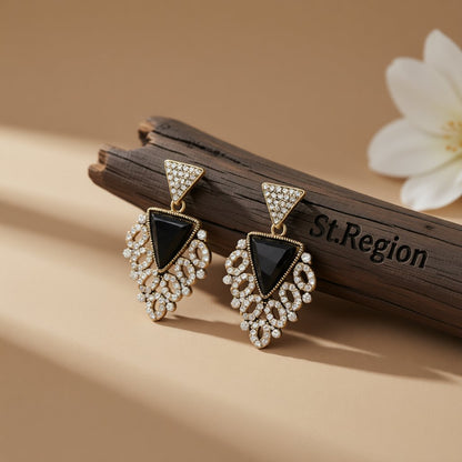 Black Crystal and Cubic Zirconia Triangle Drop Earrings, drop earrings for women, botanical inspired, front view