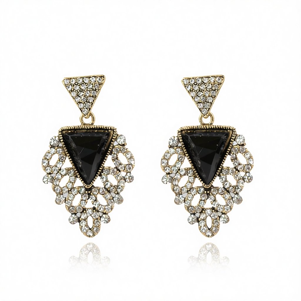 Black Crystal and Cubic Zirconia Triangle Drop Earrings, drop earrings for women, botanical inspired, side view