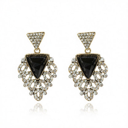 Black Crystal and Cubic Zirconia Triangle Drop Earrings, drop earrings for women, botanical inspired, side view
