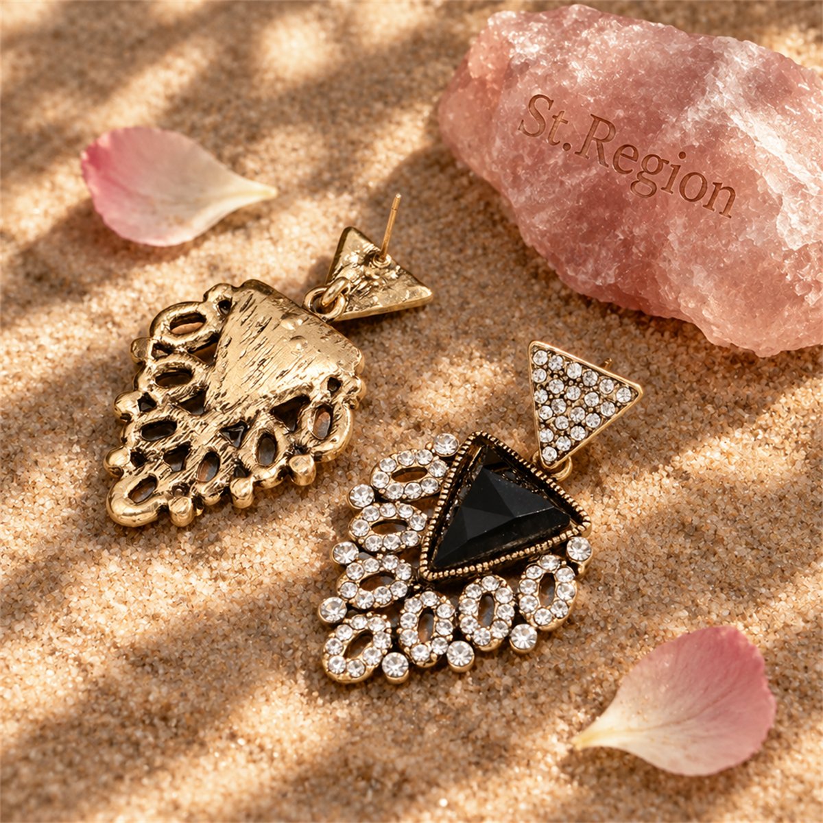 Black Crystal and Cubic Zirconia Triangle Drop Earrings, drop earrings for women, botanical inspired, detail close-up