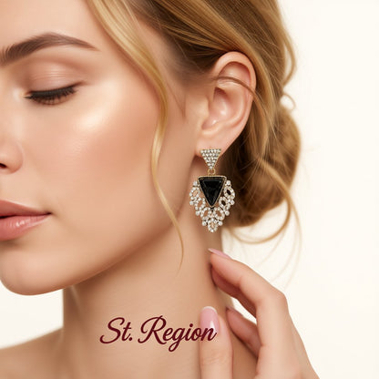 Black Crystal and Cubic Zirconia Triangle Drop Earrings, drop earrings for women, botanical inspired, styled look