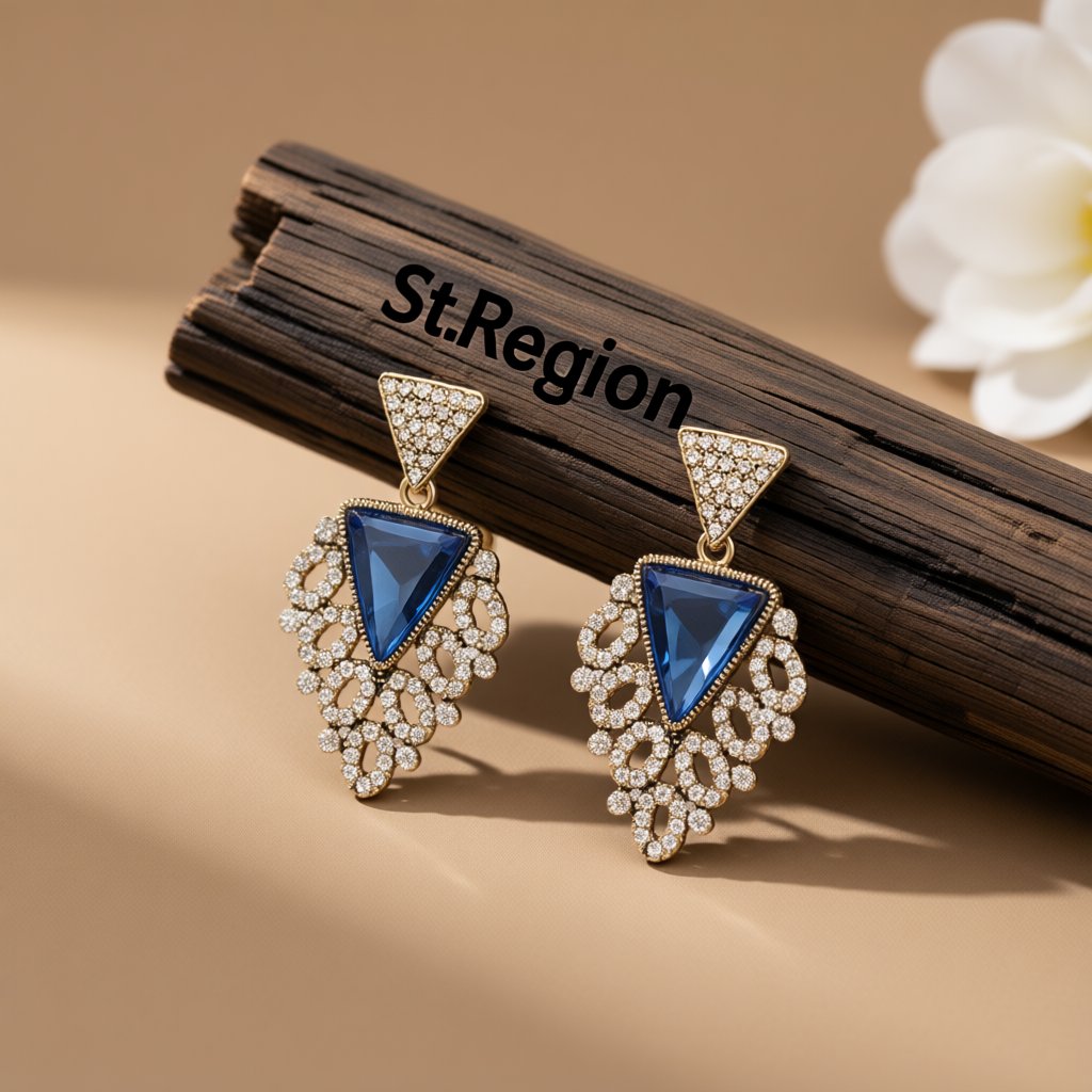 Blue Crystal and Cubic Zirconia Triangle Drop Earrings, drop earrings for women, everyday style, front view