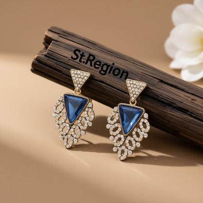 Blue Crystal and Cubic Zirconia Triangle Drop Earrings, drop earrings for women, everyday style, front view