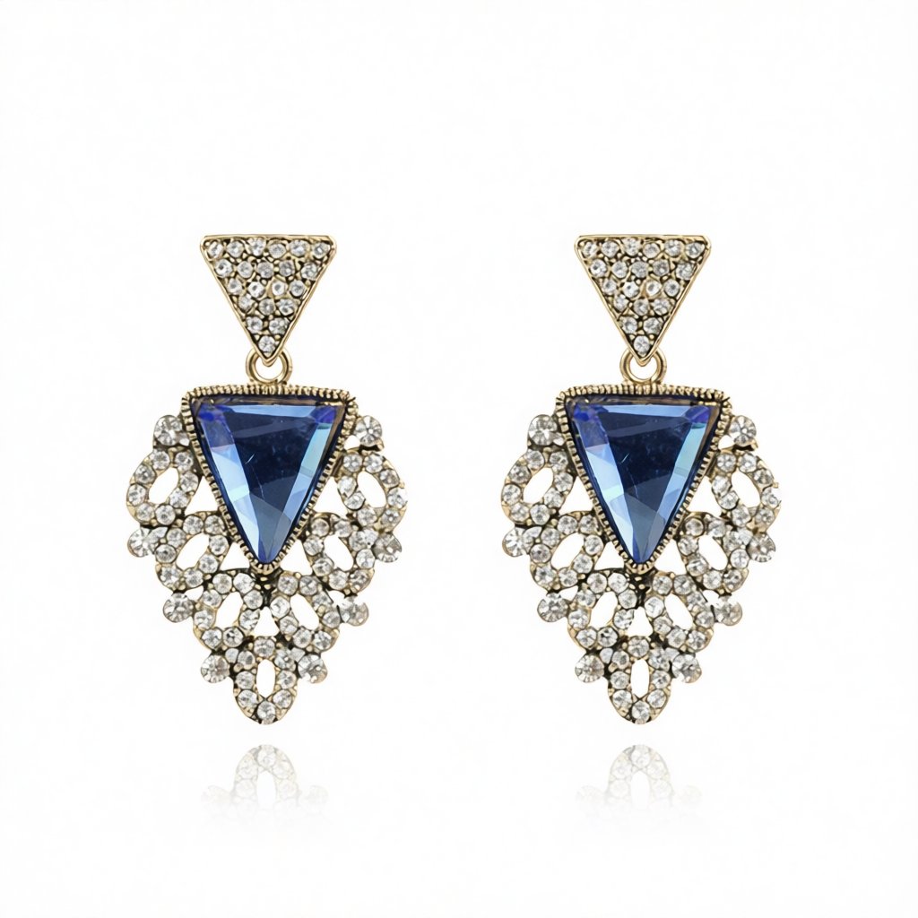 Blue Crystal and Cubic Zirconia Triangle Drop Earrings, drop earrings for women, everyday style, side view