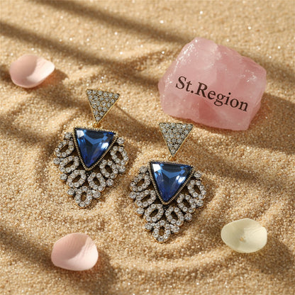 Blue Crystal and Cubic Zirconia Triangle Drop Earrings, drop earrings for women, everyday style, detail close-up