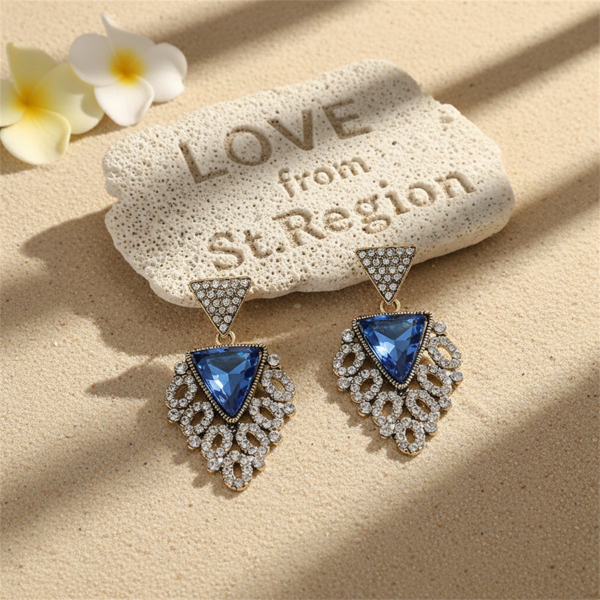 Blue Crystal and Cubic Zirconia Triangle Drop Earrings, drop earrings for women, everyday style, lifestyle look