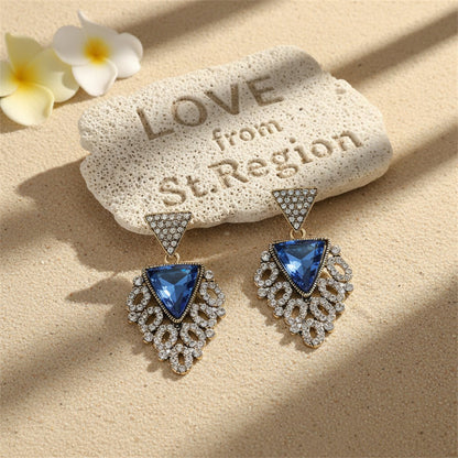 Blue Crystal and Cubic Zirconia Triangle Drop Earrings, drop earrings for women, everyday style, lifestyle look