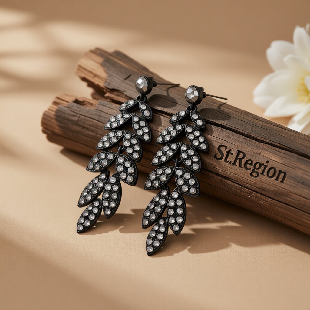 Black Cubic Zirconia Leaves Drop Earrings, drop earrings for women, elegant gift for her, front view