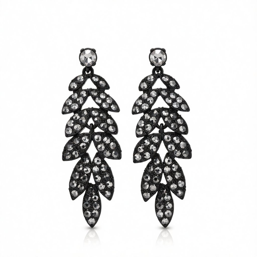 Black Cubic Zirconia Leaves Drop Earrings, drop earrings for women, elegant gift for her, side view