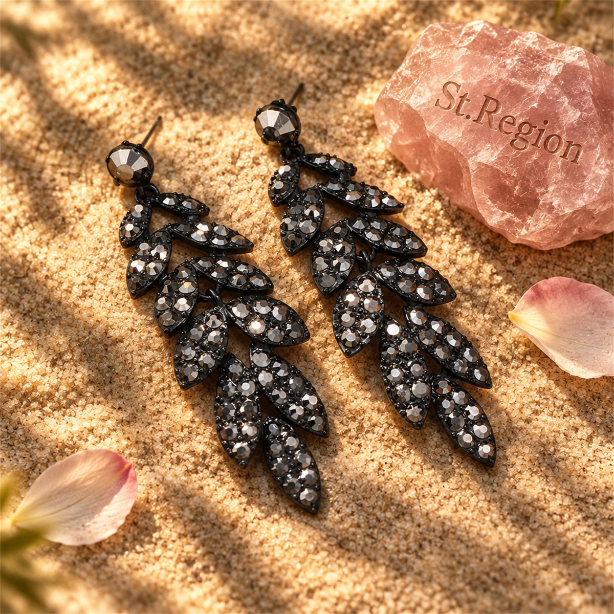 Black Cubic Zirconia Leaves Drop Earrings, drop earrings for women, elegant gift for her, detail close-up