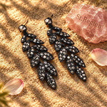 Black Cubic Zirconia Leaves Drop Earrings, drop earrings for women, elegant gift for her, detail close-up