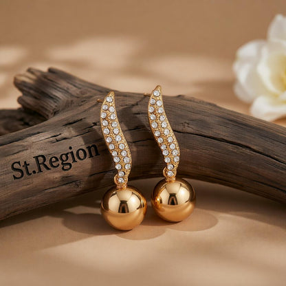 Cubic Zirconia and 18K Gold-Plated Leaf and Ball Drop Earrings, gold drop earrings for women, front view