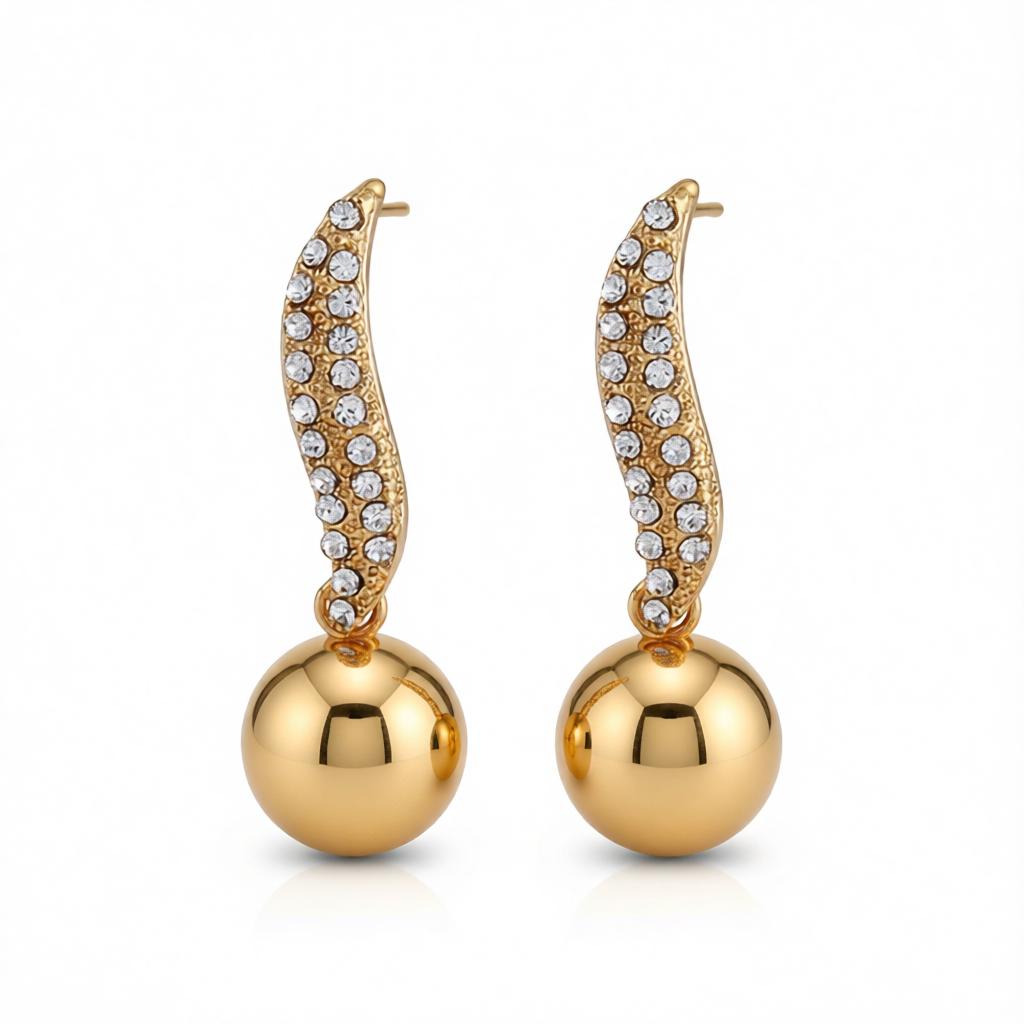 Cubic Zirconia and 18K Gold-Plated Leaf and Ball Drop Earrings, gold drop earrings for women, side view