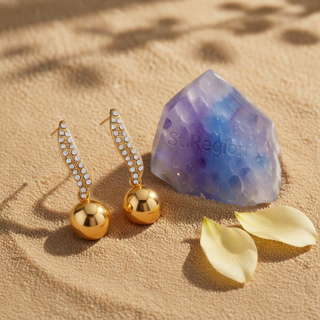 Cubic Zirconia and 18K Gold-Plated Leaf and Ball Drop Earrings, gold drop earrings for women, detail close-up