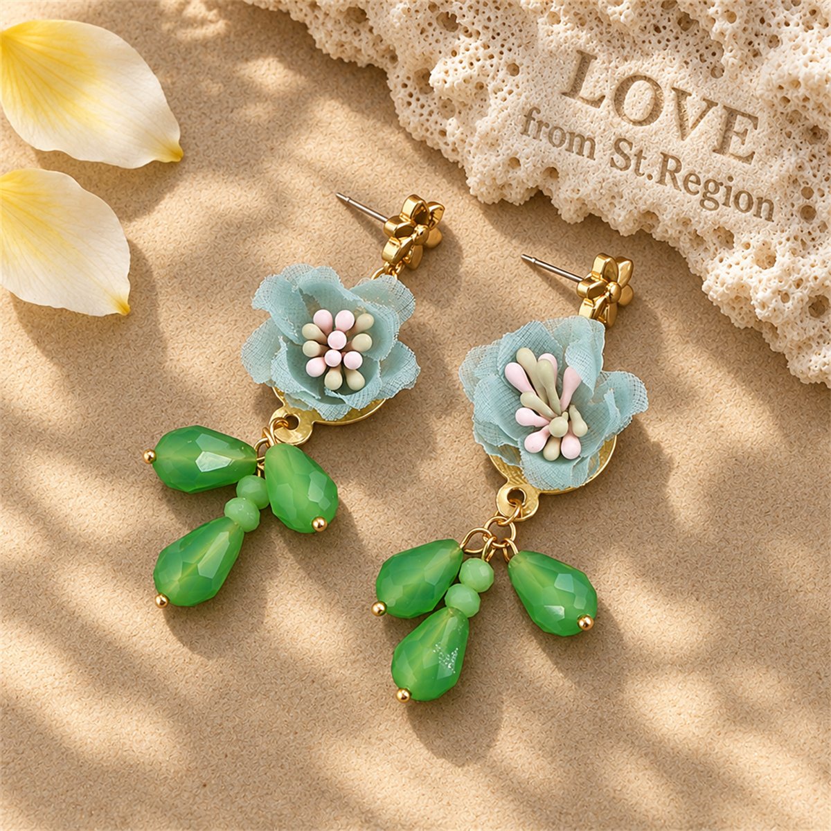Green and Blue Enamel Flower Drop Earrings, drop earrings for women, everyday style, lifestyle look