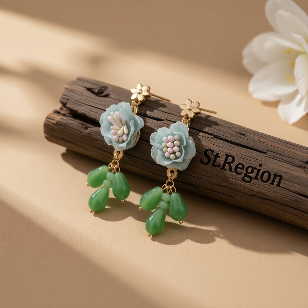 Green and Blue Enamel Flower Drop Earrings, drop earrings for women, everyday style, front view