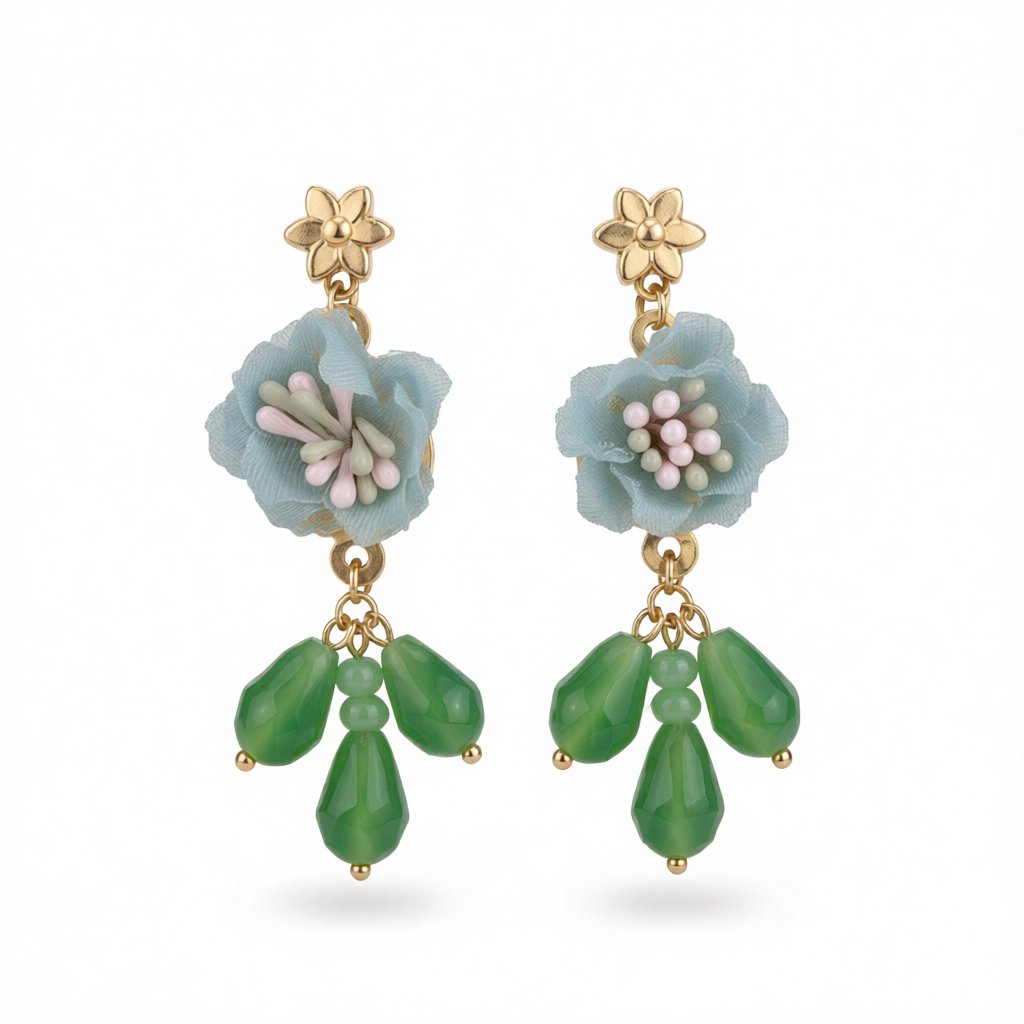 Green and Blue Enamel Flower Drop Earrings, drop earrings for women, everyday style, side view