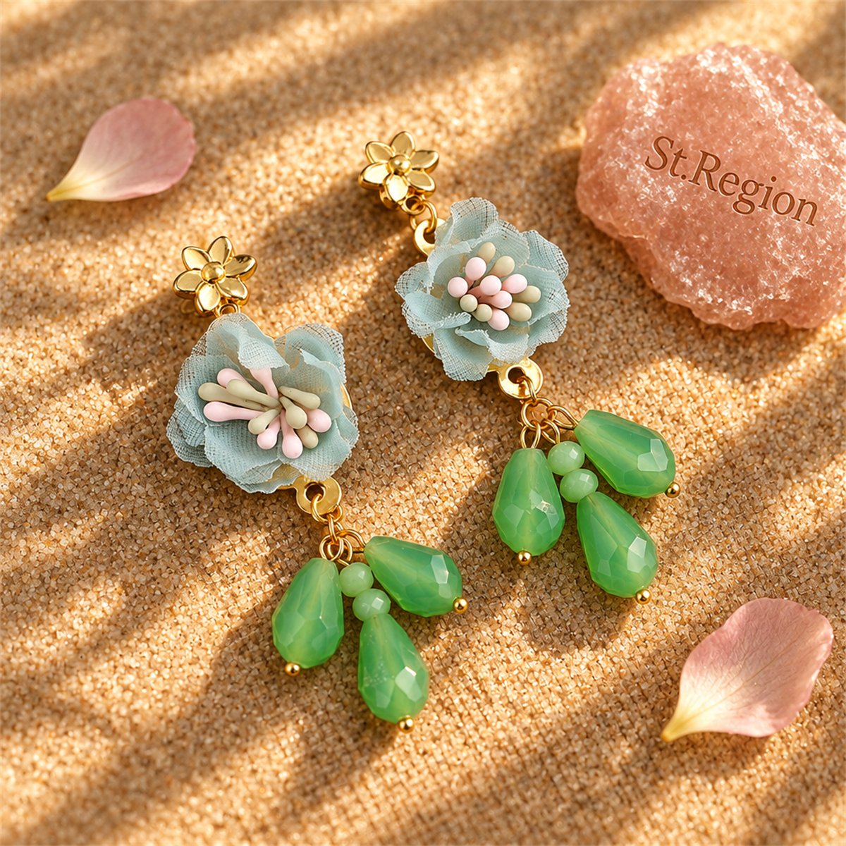 Green and Blue Enamel Flower Drop Earrings, drop earrings for women, everyday style, detail close-up
