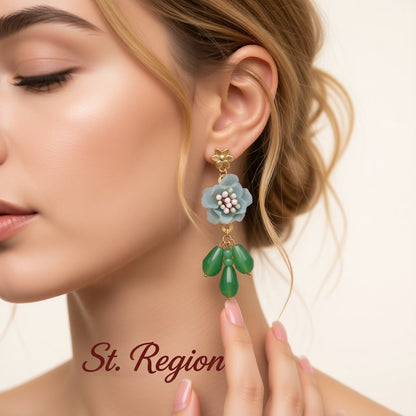 Green and Blue Enamel Flower Drop Earrings, drop earrings for women, everyday style, styled look
