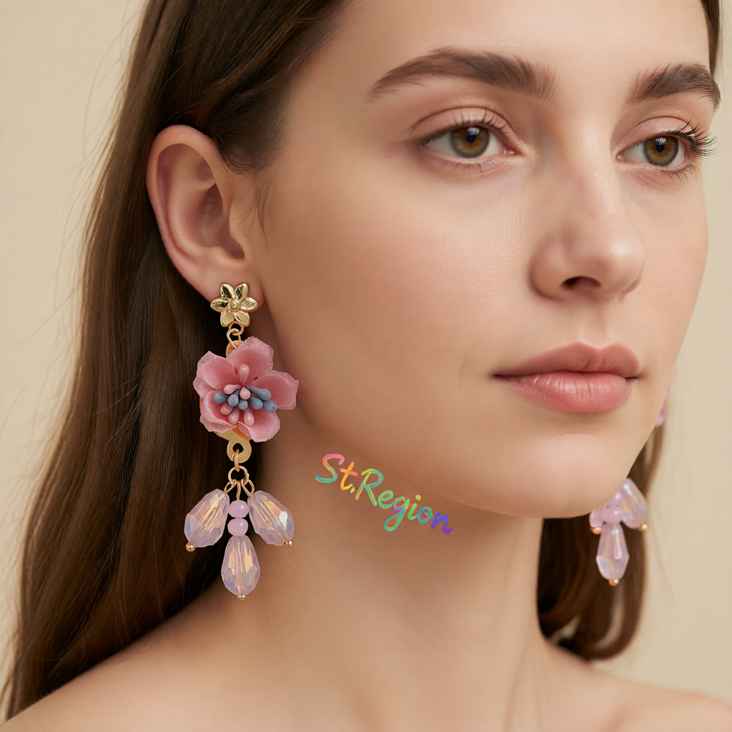 Pink & Blue Enamel Flower Drop Earrings