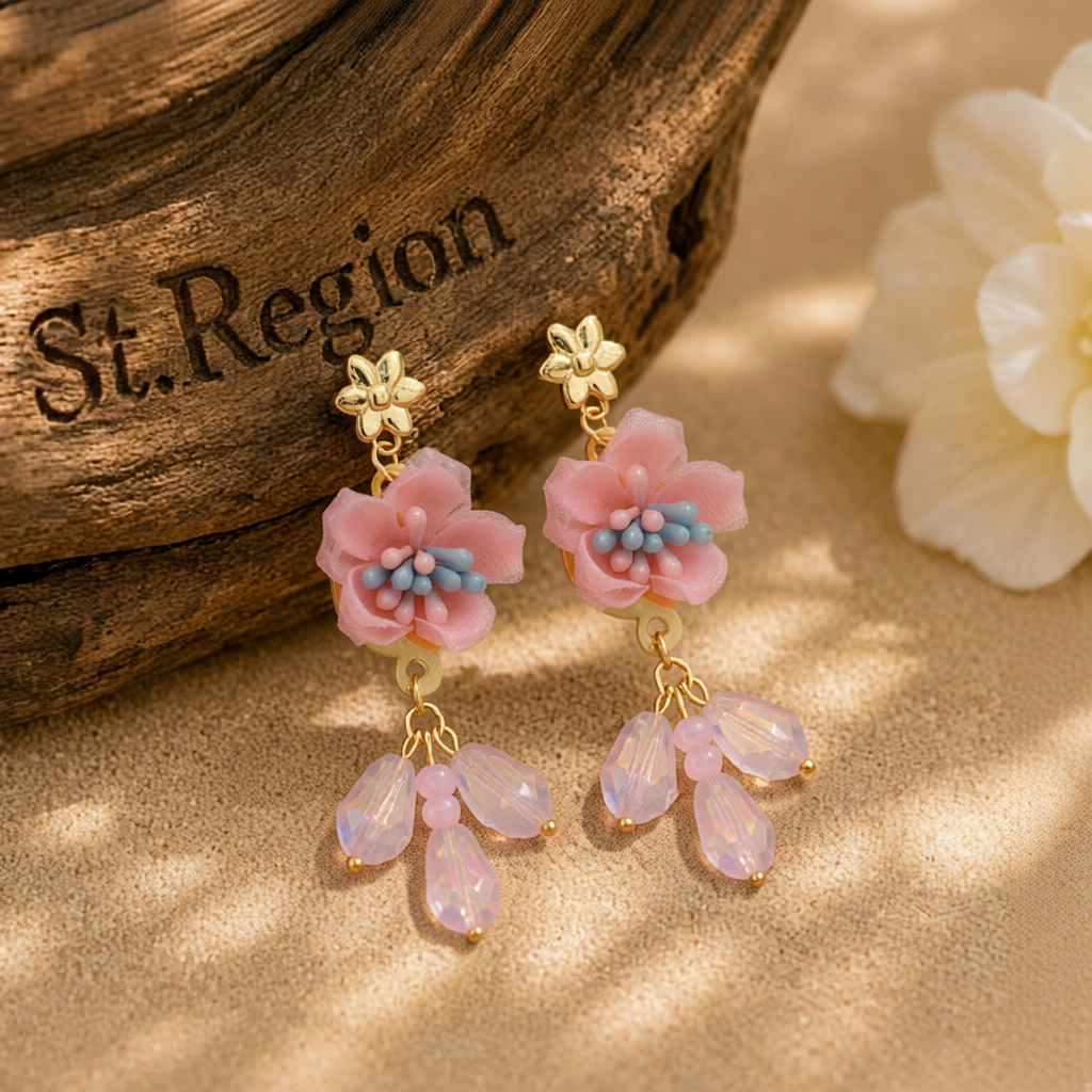 Pink & Blue Enamel Flower Drop Earrings