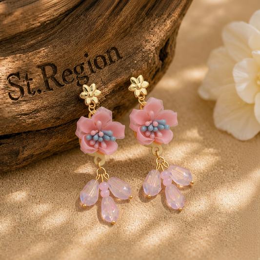 Pink & Blue Enamel Flower Drop Earrings