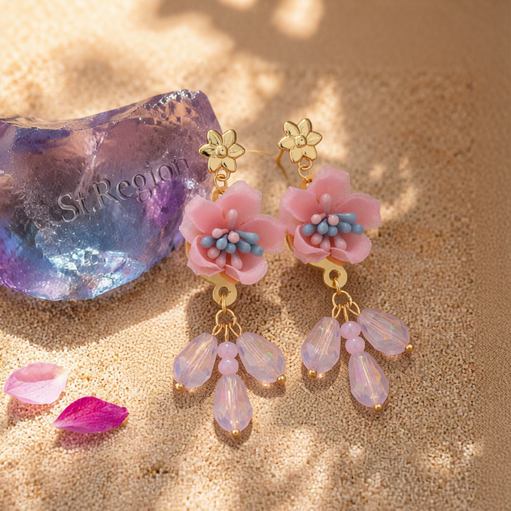 Pink & Blue Enamel Flower Drop Earrings