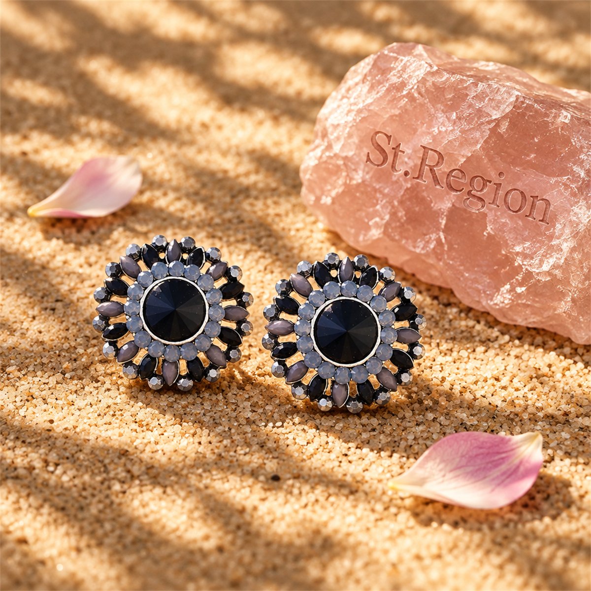 Black Crystal and Cubic Zirconia Round Stud Earrings, stud earrings for women, vintage-inspired design, detail close-up