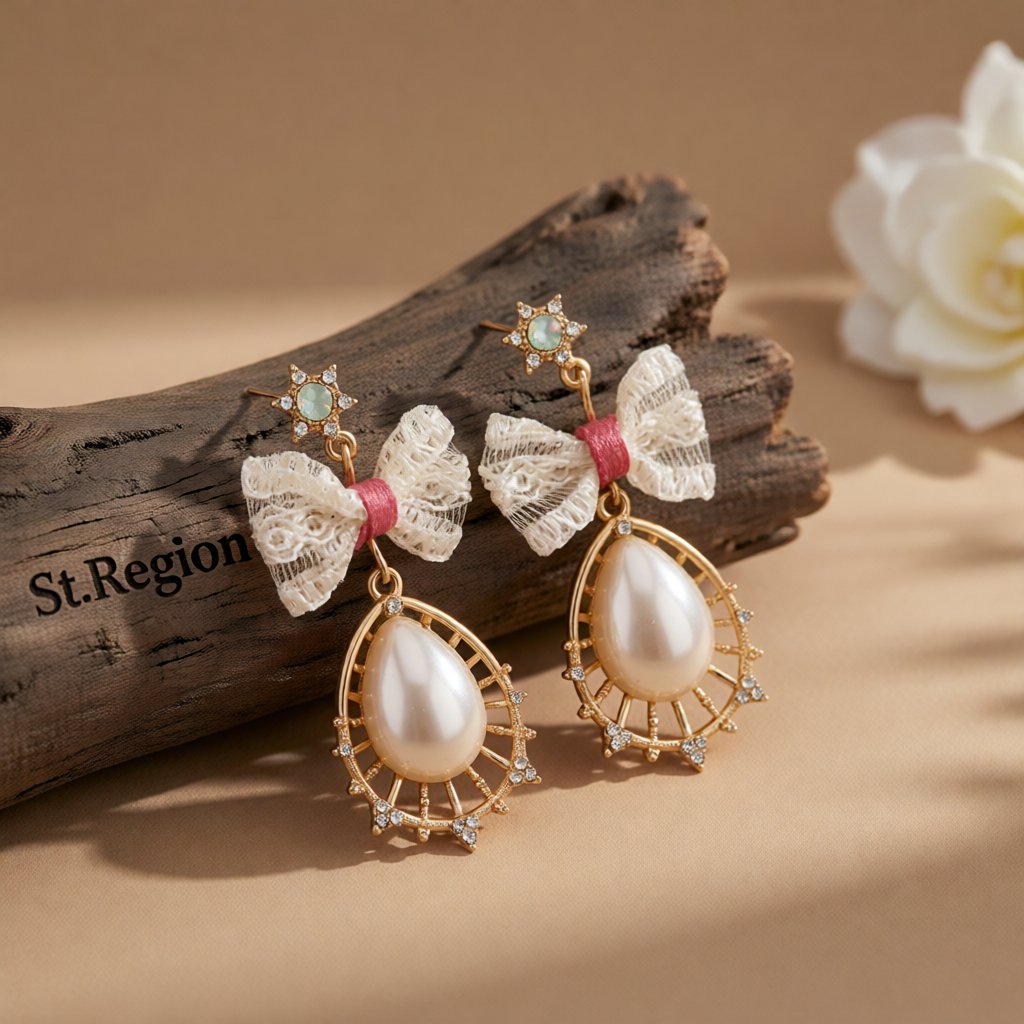 Pearl and Cubic Zirconia 18K Gold-Plated Bow Drop Earrings, gold drop earrings for women, botanical inspired, front view